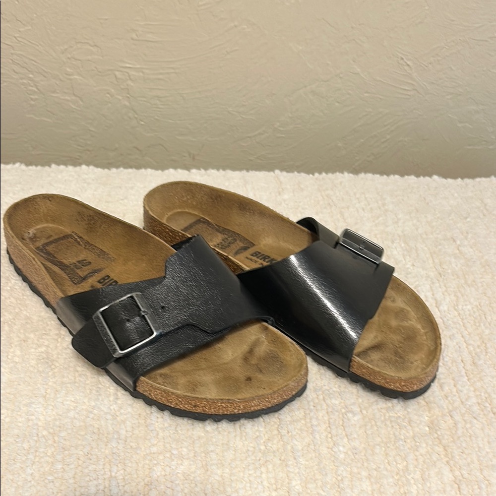Birkenstock Black Leather Slide Sandals